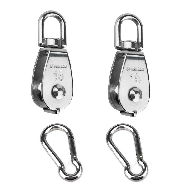 Hamineler 2PCS 304 Stainless Steel Single Pulley Block M15, Wire Rope Crane Pulley Block Hanging Wire Towing Wheel with 2PCS Spring Snap Hook - Image 1
